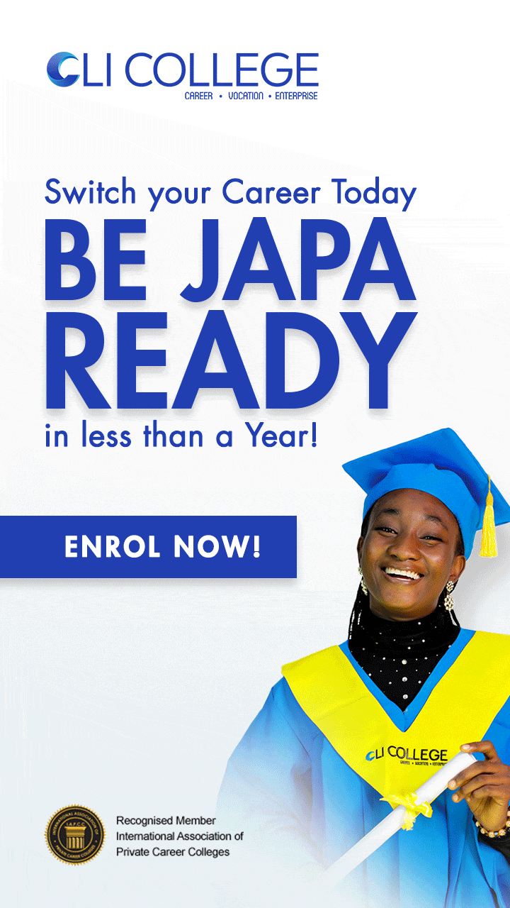 This image is an advertisement for CLI College, encouraging enrollment for career advancement.  The image features a joyful young woman wearing a graduation cap and gown, holding a diploma. She is smiling broadly and looking towards the viewer, exuding happiness and accomplishment. Her graduation attire is predominantly blue with a bright yellow stole, which is inscribed with the ``CLI COLLEGE CAREER VOCATION ENTERPRISE`` logo. The overall tone of the image is bright and optimistic, with a clean white background that makes the text and the subject stand out. Large, bold blue text dominates the upper portion of the image, reading ``Switch your Career Today BE JAPA READY in less than a Year!``. Below this text is a prominent dark blue button that says ``ENROL NOW!``. In the lower left corner, there is a seal indicating ``Recognised Member International Association of Private Career Colleges.`` The composition places the smiling graduate on the right side of the frame, balanced by the prominent text and call to action on the left, creating a visually appealing and persuasive advertisement.